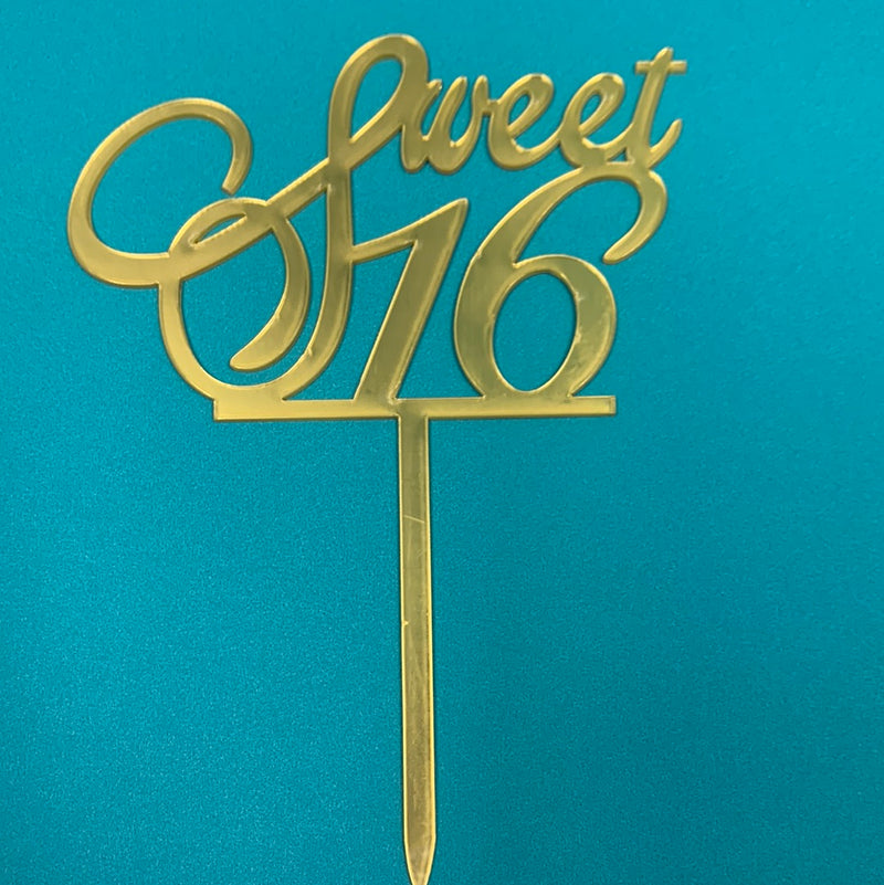 Acrylic Sweet 16 Cursive Font Cake Topper Gold