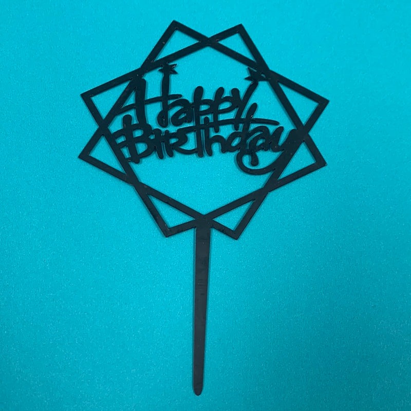 Acrylic Happy Birthday Abstract w/ Stars Cake Topper Black