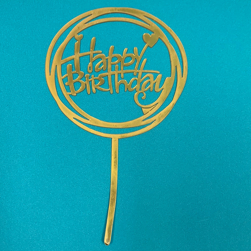Acrylic Happy Birthday Round Cake Topper Gold w/ Heart
