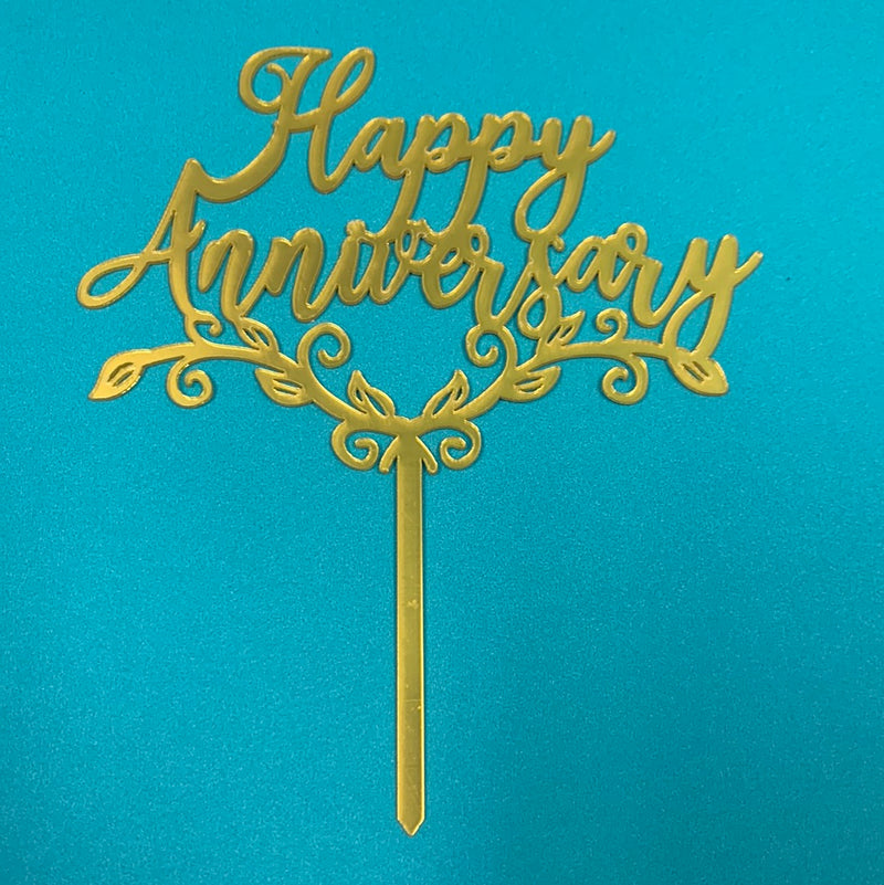 Acrylic Fancy Happy Anniversary Topper Gold