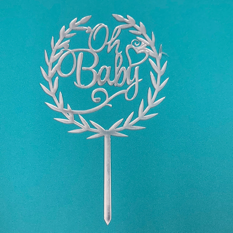 Acrylic Oh Baby Round Leaf Topper Silver