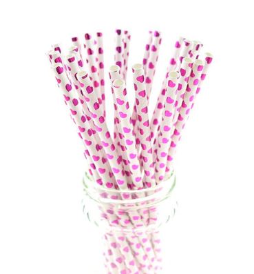 8" Paper Straws Pink Heart 25 Pack