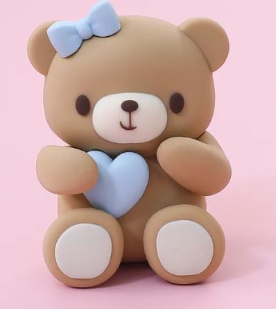 3D Sitting Teddy Bear with Heart Blue Cake Decoration