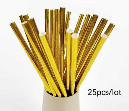 8" Paper Straws Gold Foil 25 Pack