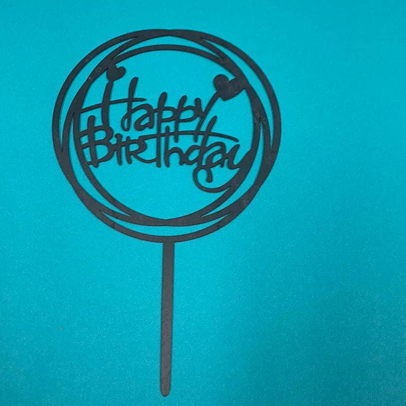 Acrylic Happy Birthday Round Cake Topper Black w/Hearts