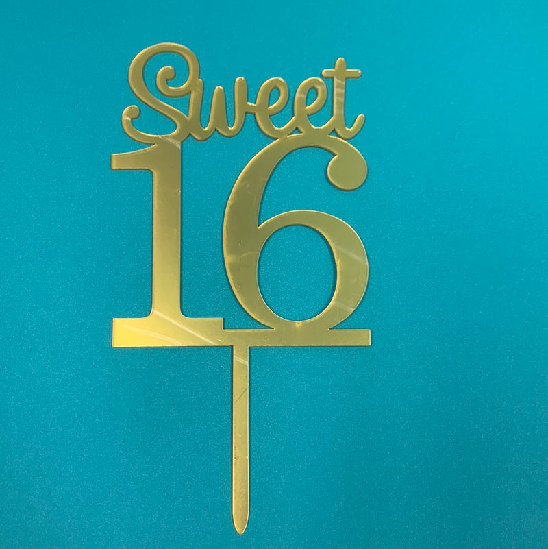 Acrylic Sweet 16 Script Font Cake Topper Gold