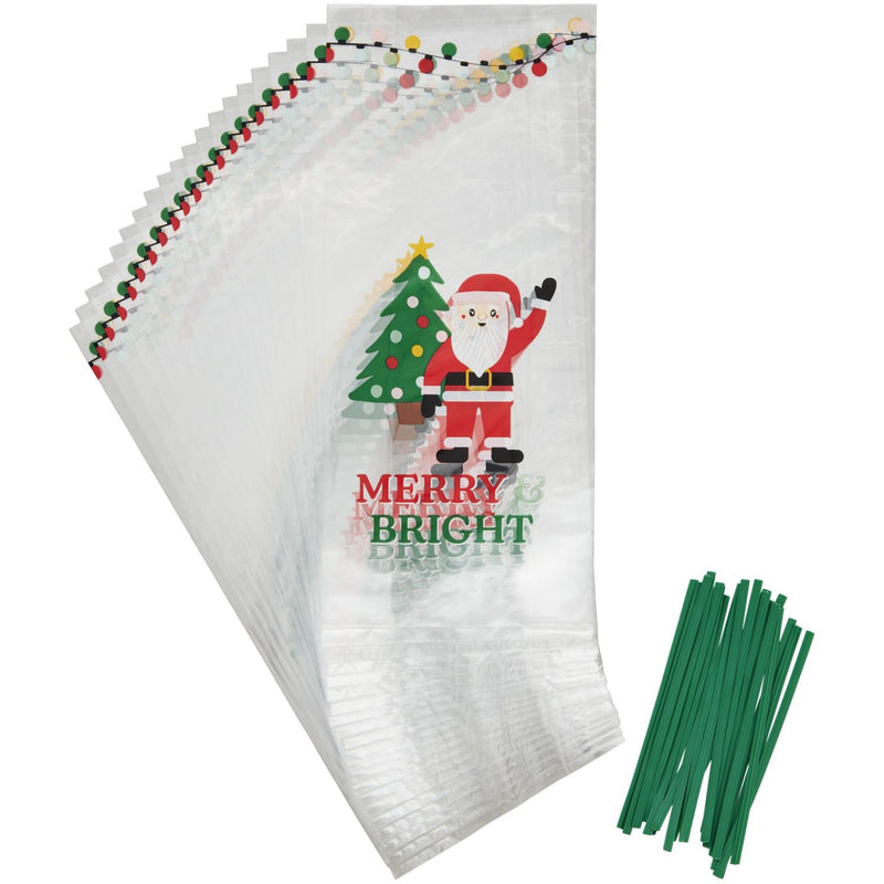 Wilton Clear “Merry & Bright" Santa Claus Christmas Treat Bags and Ties, 20-Count