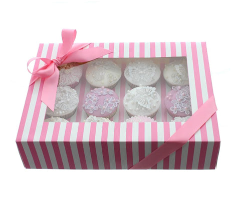 PINK & WHITE STRIPE CUPCAKE BOX WITH PVC WINDOW (HOLDS 12 CUPCAKES)